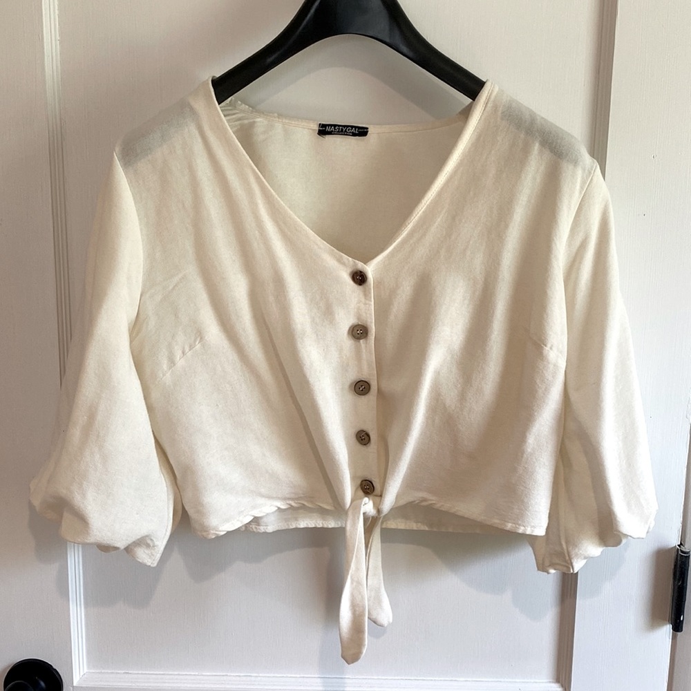 Bamboo button down crop top with short balloon sleeves
